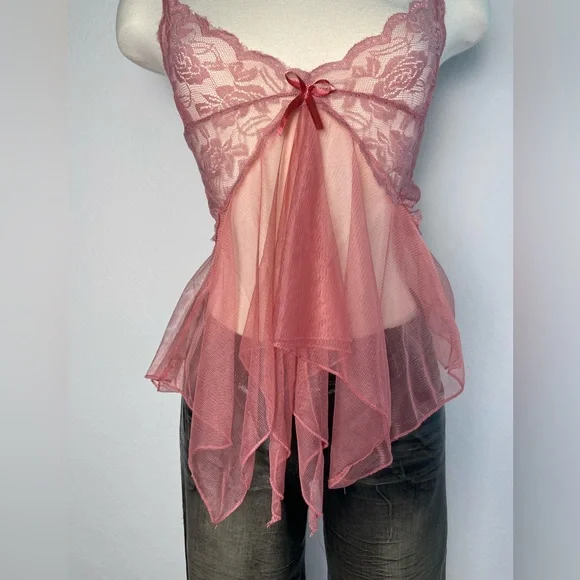 Vintage Y2k Sheer Pink Lace Hanky Hem Fairy Cami Top Whimsigoth Fairy - Picture 3 of 16